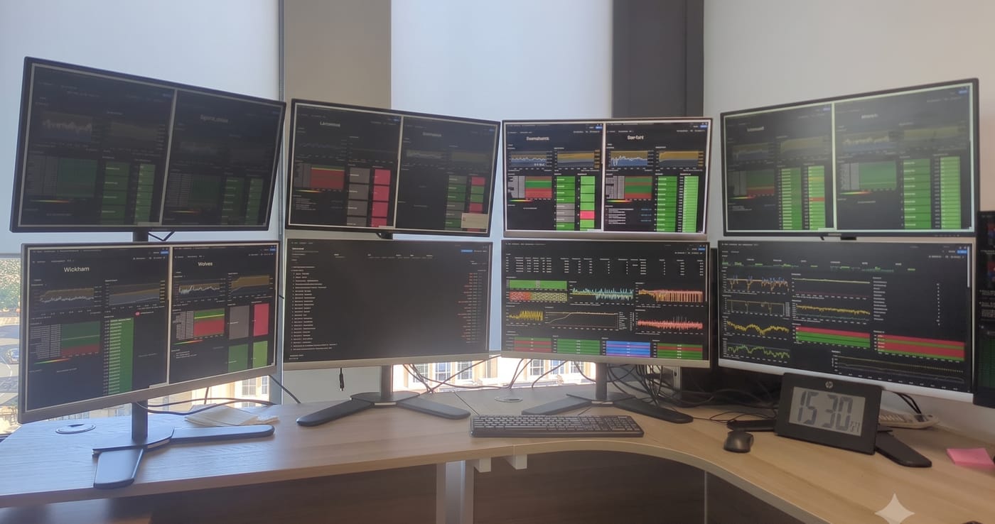 Noriker control desk: a bank of monitors running live monitoring dashboards
